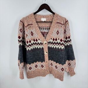 Entro Fair Isle Cardigan Sweater Burgundy Silver Sparkle Small Boho Cozy Nordic